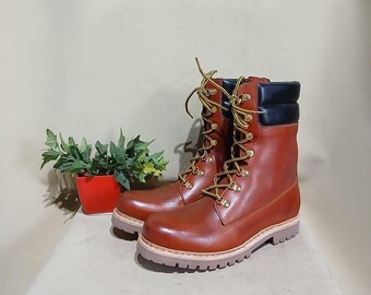 Handmade Leather Work Boots: Rugged Lace-Up Height Increasing Shoes
