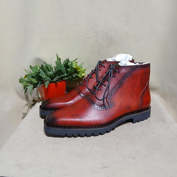 Botas de cuero brogue rojo bruñido para hombre, hechas a mano Botines  elegantes con cordones y suela resistente
