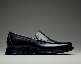 May include: A single black leather loafer shoe with a thick, dark sole. The shoe has a classic penny loafer design with a smooth, polished finish. The sole appears to be approximately 1 inch thick.