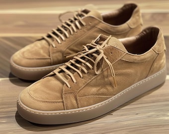 Handmade Tan Suede Sneakers - Italian Leather Casual Shoes