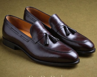 Handmade Brown Leather Tassel Loafers: Height Increasing Slip-Ons