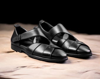 Black Leather Peshawari Loafers: Handmade Wedding Shoes