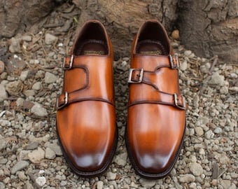 Handgefertigte Leder Doppel Monk Strap Schuhe | Hellbraune Patina