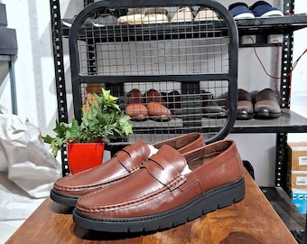 Men's Handmade Brown Leather Penny Loafers with Chunky Black Sole