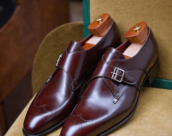 Burgund Leder Monk Strap Schuhe: Handgemachte Höhe Erhöhte Trachtenschuhe