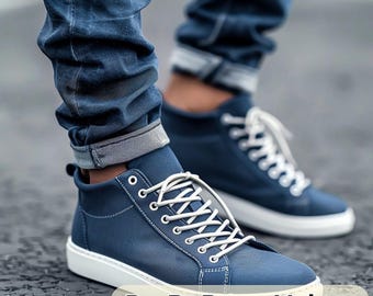 Blauwe leren sneakers met verhoging: Italiaanse leren vrijetijdsschoenen