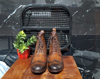 Handcrafted Brown Leather Brogue Boots: Vintage Lace-Up Ankle Boots