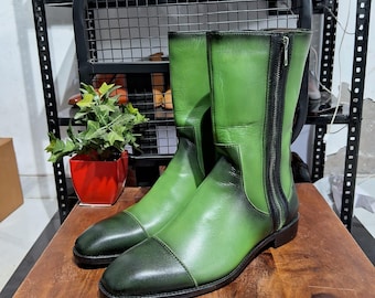 Handmade Green Leather Zip-Up Boots: Men's Cap-Toe Mid-Calf Style