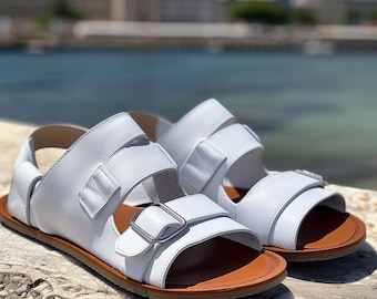 Men's White Leather Sandals: Adjustable Double Buckle Summer Footwear