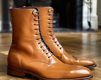 Men's Handcrafted Tan Leather High-Ankle Lace-Up Dress Boots