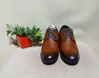 Men's Handmade Tan Textured Leather Derby Dress Shoes