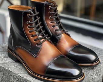 Handmade Two-Tone Leather Cap-Toe Boots: Height Increasing Ankle Boots