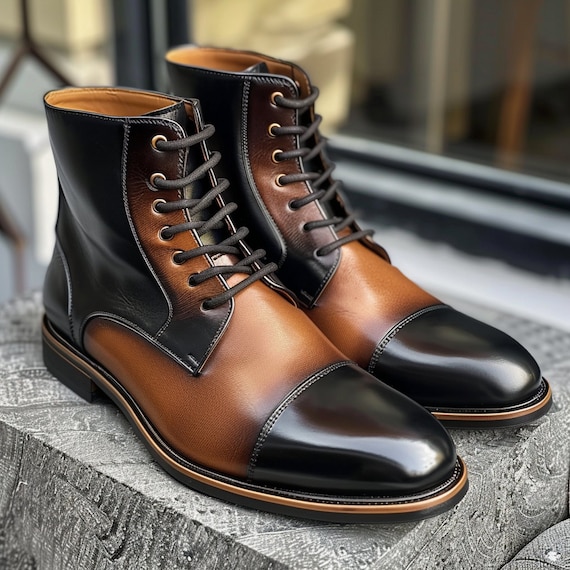 Men s Handmade Two tone Leather Cap toe Lace up Boots for Men Black and Brown Formal Ankle Boots for Height Increasing Shoes Etsy