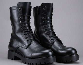Handmade Black Leather Derby Boots: Chunky Lace-Up Military Boots