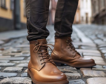 Handmade Italian Leather Boots: Brown 3" Height-Increase Motorcycle Hiking Boots