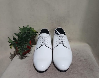 Handmade Glossy White Leather Derby Shoes: Men's Block Heel Formal Wear