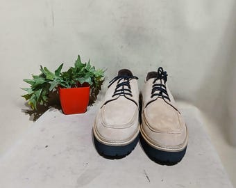 Handmade Beige Suede Derby Shoes: Height Increasing Chunky Sole (+3 Inch)