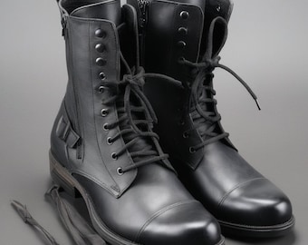 Botas de moto de cuero italiano hechas a mano: botas de combate negras para hombre