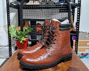 Men's Handmade Croc-Embossed Leather Combat Boots