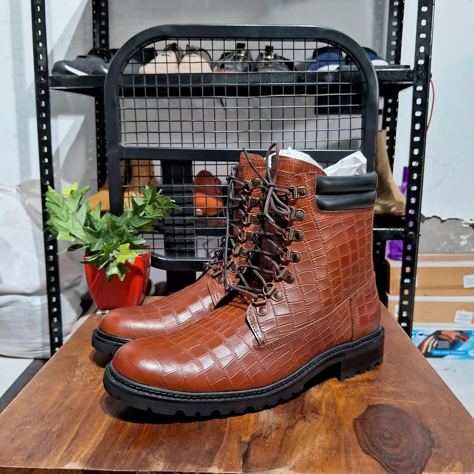 Men's Handmade Croc-Embossed Leather Combat Boots