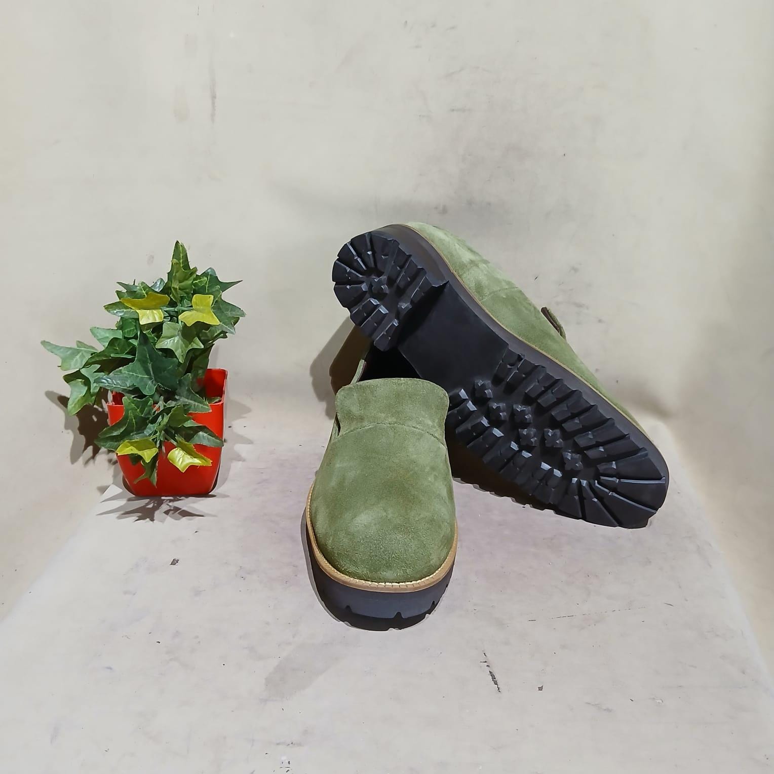 Handmade Olive Green Suede Loafers: Men display picture 3
