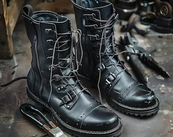 Botas de combate de cuero negro hechas a mano: botas altas italianas con cordones