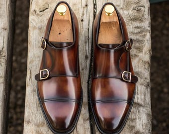 Scarpe con cinturino doppio in pelle marrone fatte a mano / Scarpe eleganti patinate