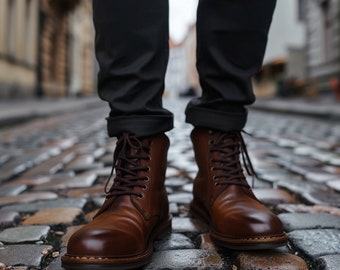 Men's Brown Leather Lace-Up Boots: Durable All-Weather Ankle Boots