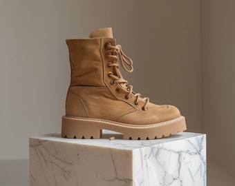 Handmade Tan Suede Leather Combat Boots: High Ankle, Rugged Outdoor