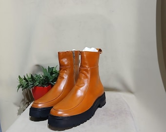Men's Handcrafted Tan Leather Ankle Boots: Rugged Sole Zipper Boots