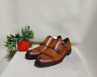 Herren handgefertigte Tan Leder Doppel Monk Strap Kleid Schuhe