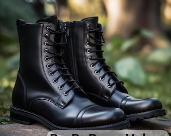 Black Leather Belinda Chunky Hiking Combat Lace Up ZIPPER BOOTS - HIKING & Trekking Boots