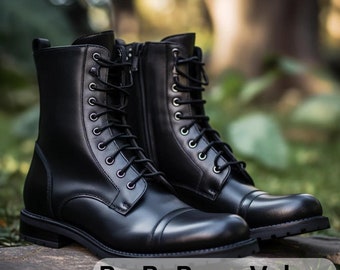 Botas táticas masculinas de couro preto: botas de combate com cadarço