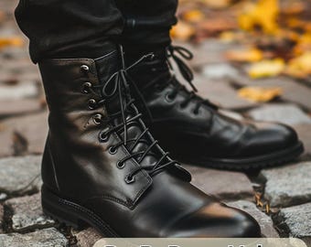 Handmade Black Leather Combat Boots: Chunky Lace-Up Hiking Boots