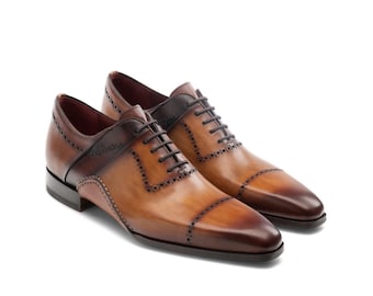 Handcrafted Patina Leather Oxford Shoes | Two-Tone Brown Formal Dress Shoes