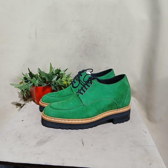 Handmade Green Suede Derby Shoes: Men's Lace-Up Leather Footwear