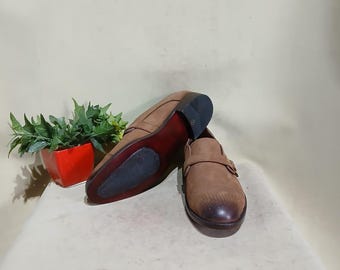 Men's Handmade Brown Suede Monk Strap Cap Toe Shoes