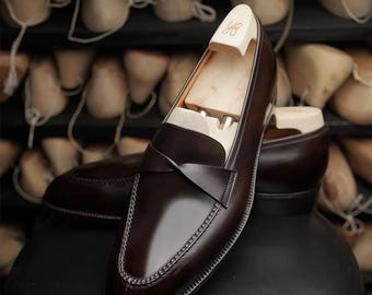 Men’s Dark Brown Leather Penny Loafers| Handmade Genuine Leather Dress Shoes| Classic Moc Toe Slip On Shoes| Formal Business Loafers.