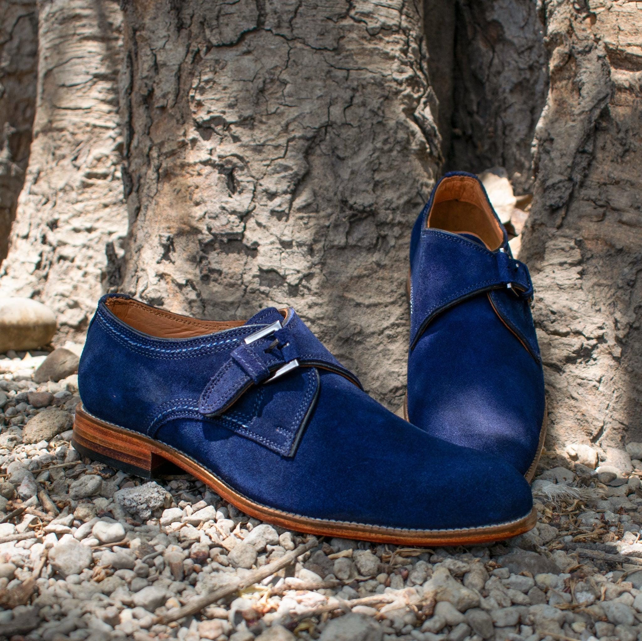 Navy Suede Monk Strap Shoes | Handmade Italian Style Dress 