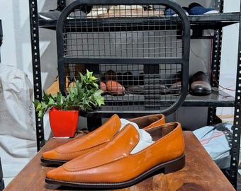 Handmade Tan Patent Leather Loafers: Sleek Formal Slip-On Shoes