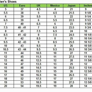 K&ouml;nnte beinhalten: Eine Tabelle mit den Schuhgr&ouml;&szlig;en f&uuml;r M&auml;nner in US, Euro, UK, Mexiko, Japan und Zoll.
