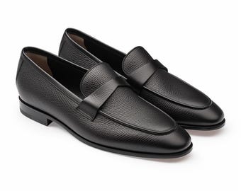 Handmade Black Leather Penny Loafers: Classic Men's Dress Shoes
