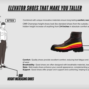 May include: A pair of brown leather elevator shoes with a yellow and red stripe on the sole. The shoes are designed to add height, with a 2-inch and 1-inch height increase. The text "ELEVATOR SHOES THAT MAKE YOU TALLER" is at the top of the image.