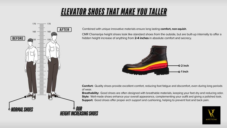 May include: A pair of brown leather elevator shoes with a yellow and red stripe on the sole. The shoes are designed to add height, with a 2-inch and 1-inch height increase. The text "ELEVATOR SHOES THAT MAKE YOU TALLER" is at the top of the image.