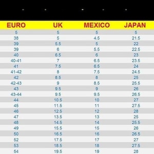 May include: A shoe size conversion chart with columns for US, Euro, UK, Mexico, Japan, and inches. The chart lists sizes from US 5 to 20, with corresponding measurements in other systems, including up to 14 inches.