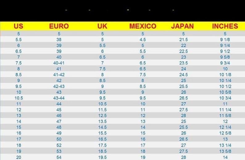 May include: A shoe size conversion chart with columns for US, Euro, UK, Mexico, Japan, and inches. The chart lists sizes from US 5 to 20, with corresponding measurements in other systems, including up to 14 inches.