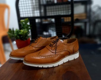 Tan Leather Brogue Derby Shoes: Elegant Artisan Footwear