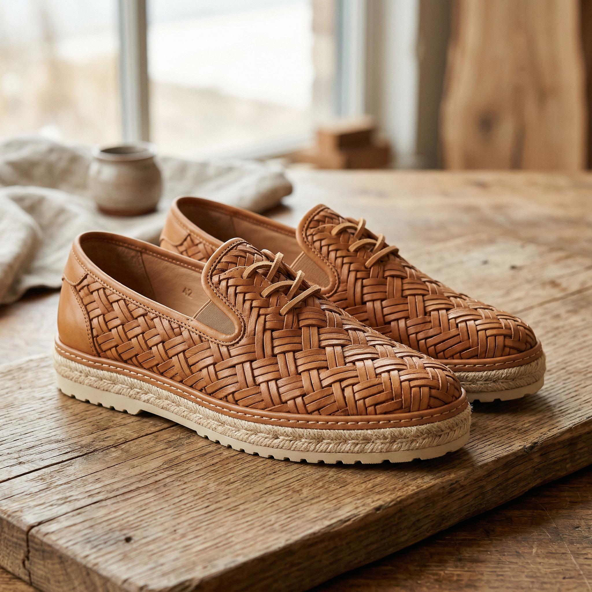 Men's Woven Leather Loafers Handmade Brown Slip-On Espadrille Shoes