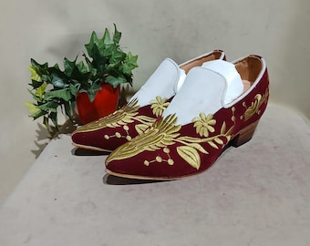 Men's Maroon Velvet Mojari Shoes: Gold Zari Embroidered Wedding Slip-Ons