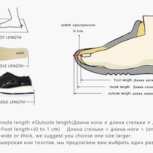 May include: Diagram showing how to measure foot length, insole length, and outsole length for shoes. The diagram shows a foot inside a shoe with lines indicating the measurements. The text in the diagram is in Russian and English.